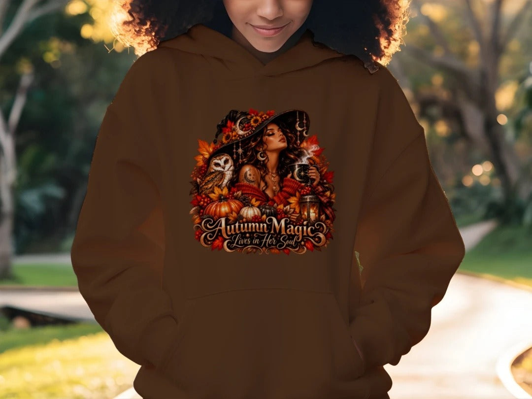 Autumn Magic Lives in Her Hoodie on brown, worn