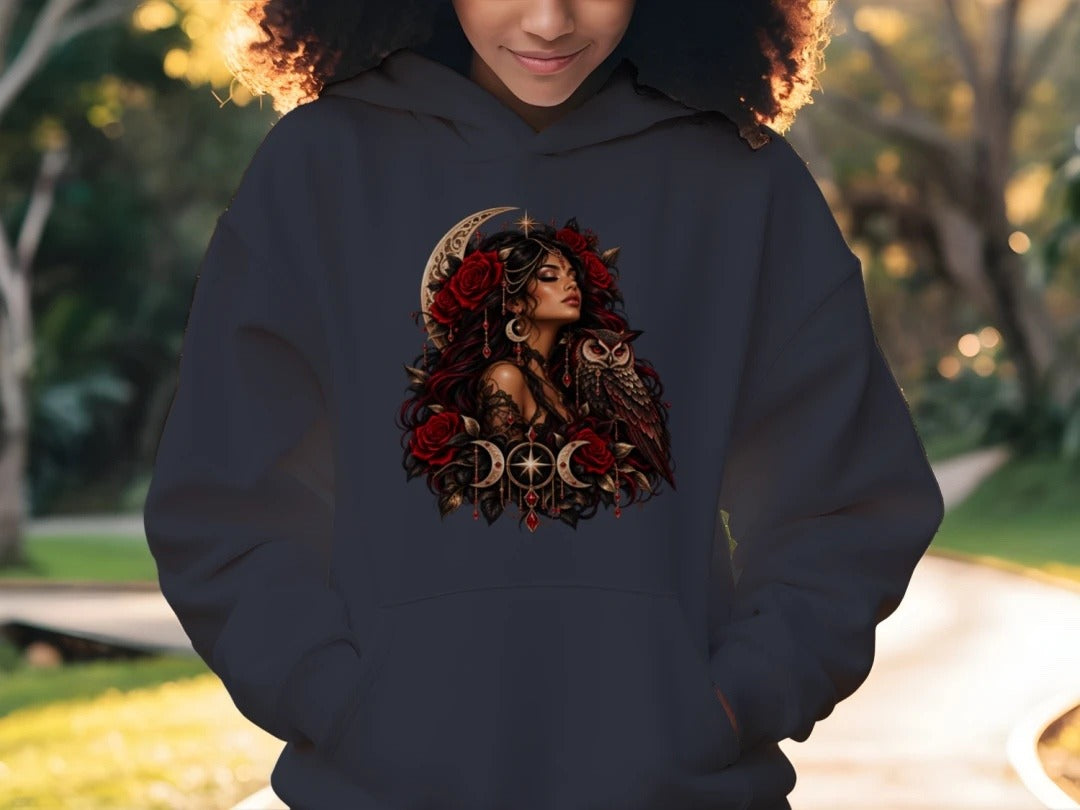 Crimson Moon Goddess Hoodie on navy, worn